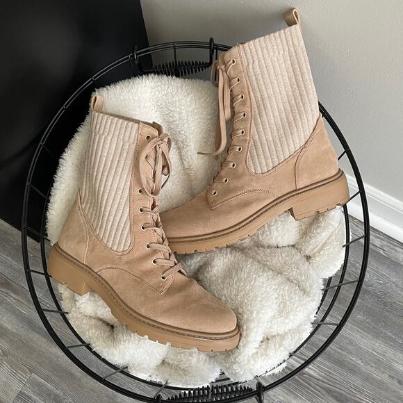 Sam Edelman Lydell Tan Lace Up Knit Sock Leather Combat Boots - Picture 1 of 5